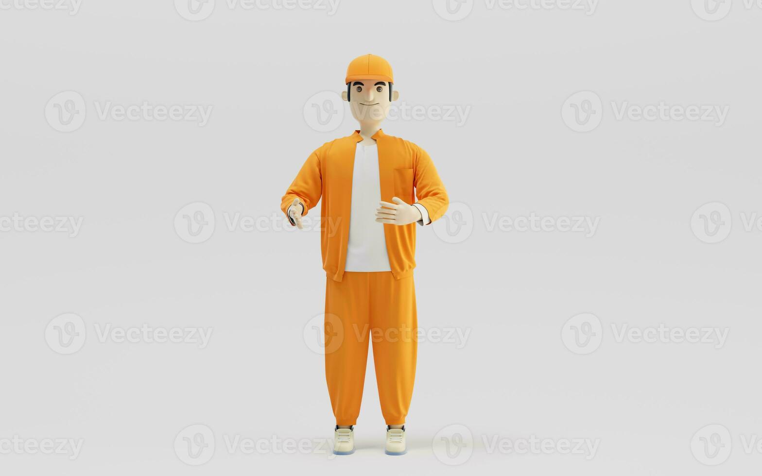 A cartoon deliveryman and gifts, 3d rendering. photo