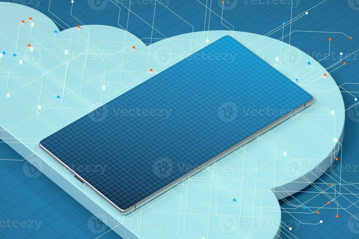 Mobile phone with virtual data lines, cloud storage and computing, 3d rendering. photo