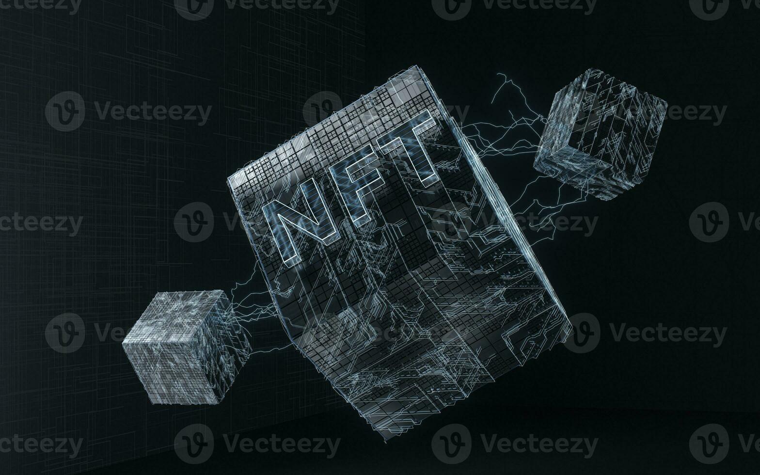 NFT nonfungible tokens concept with dark background, 3d rendering. photo