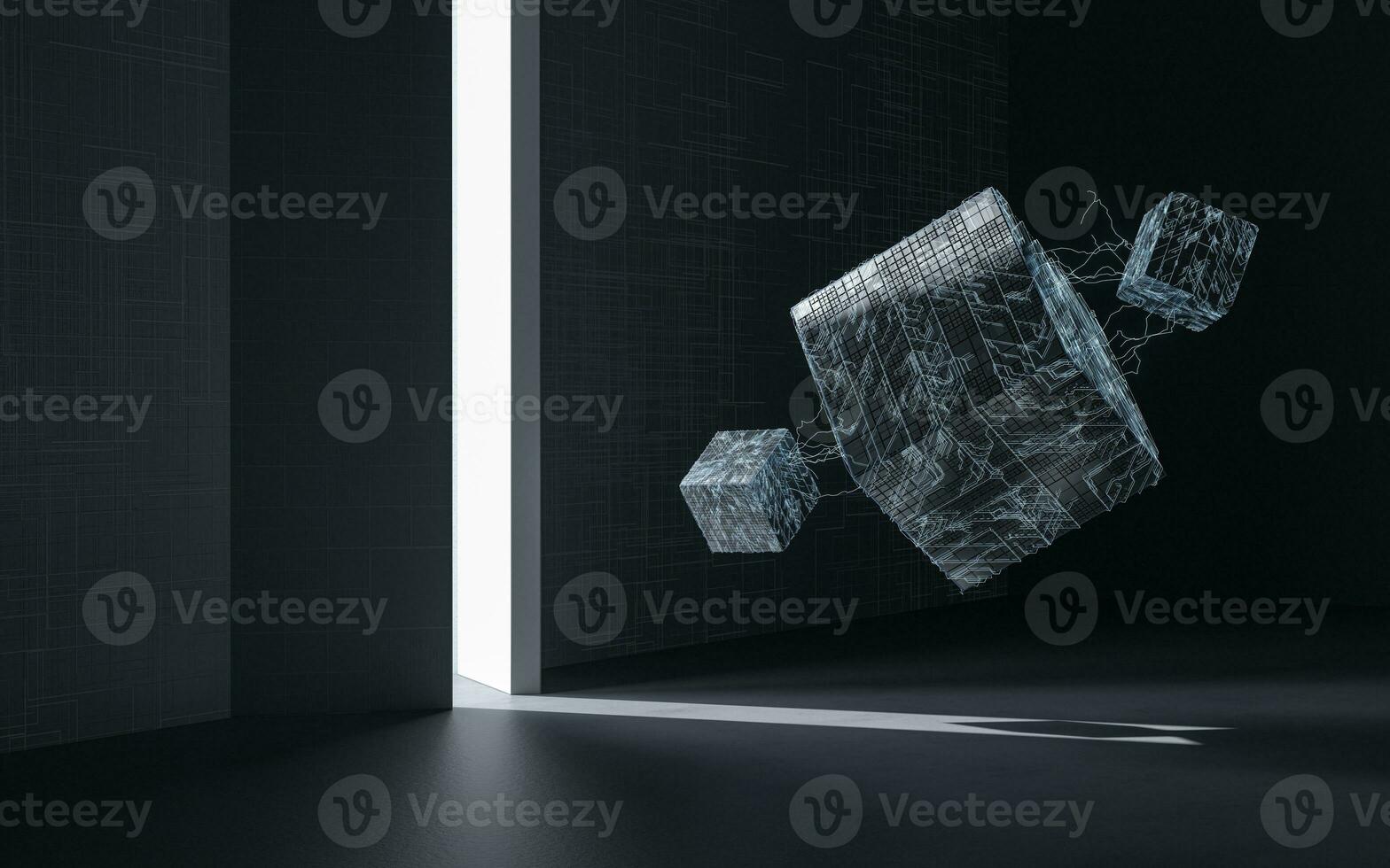 Cube and door, science and technology, 3d rendering. photo