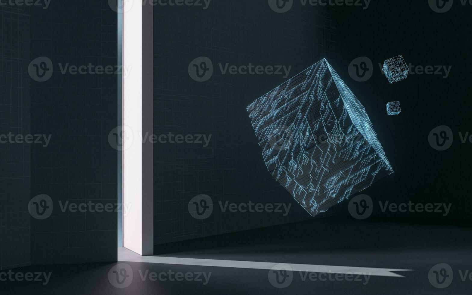 Cube and door, science and technology, 3d rendering. photo