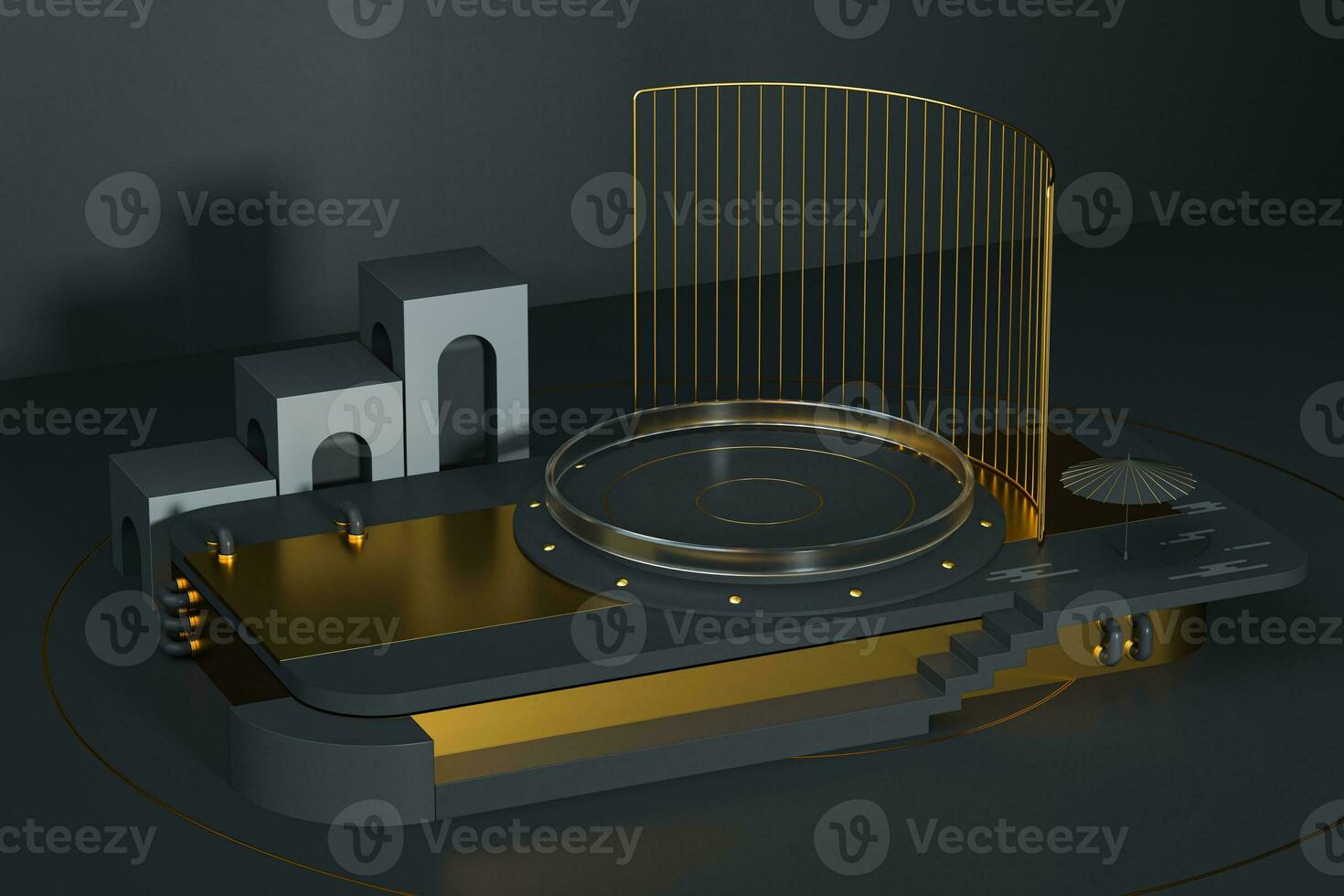 Round product stage with golden decoration, 3d rendering. photo