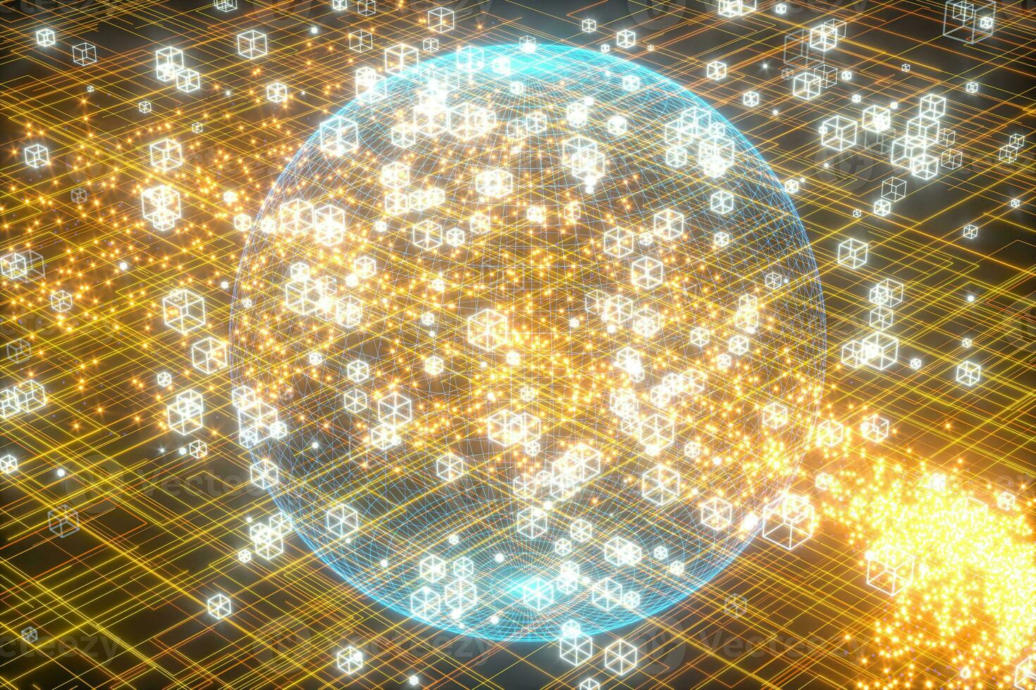Data lines and earth model,glowing lines and cubes,3d rendering. photo