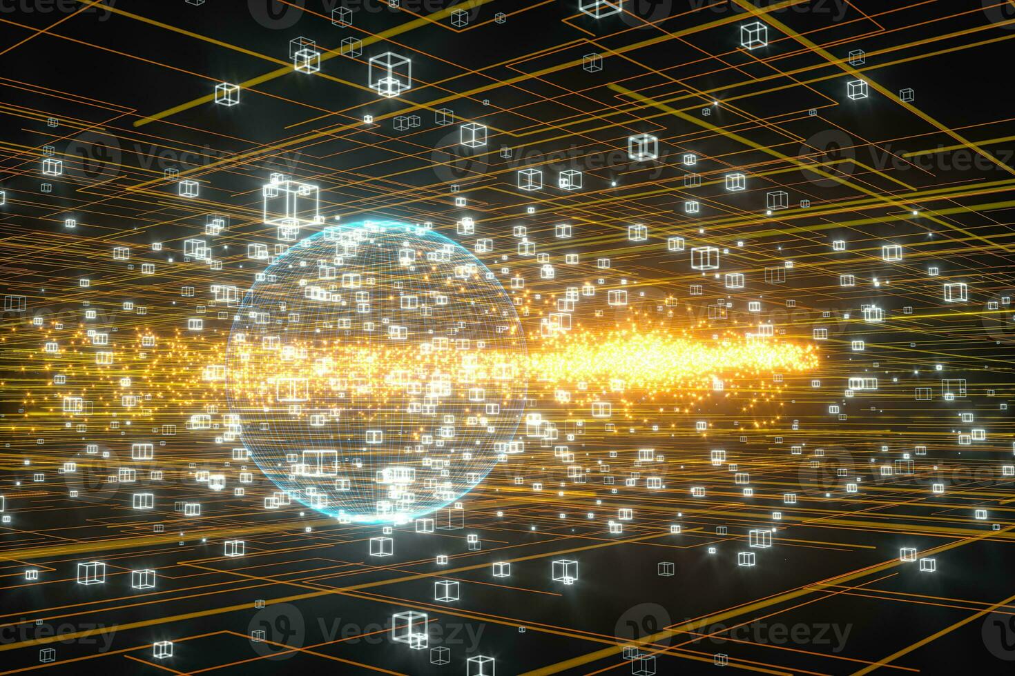 Data lines and earth model,glowing lines and cubes,3d rendering. photo