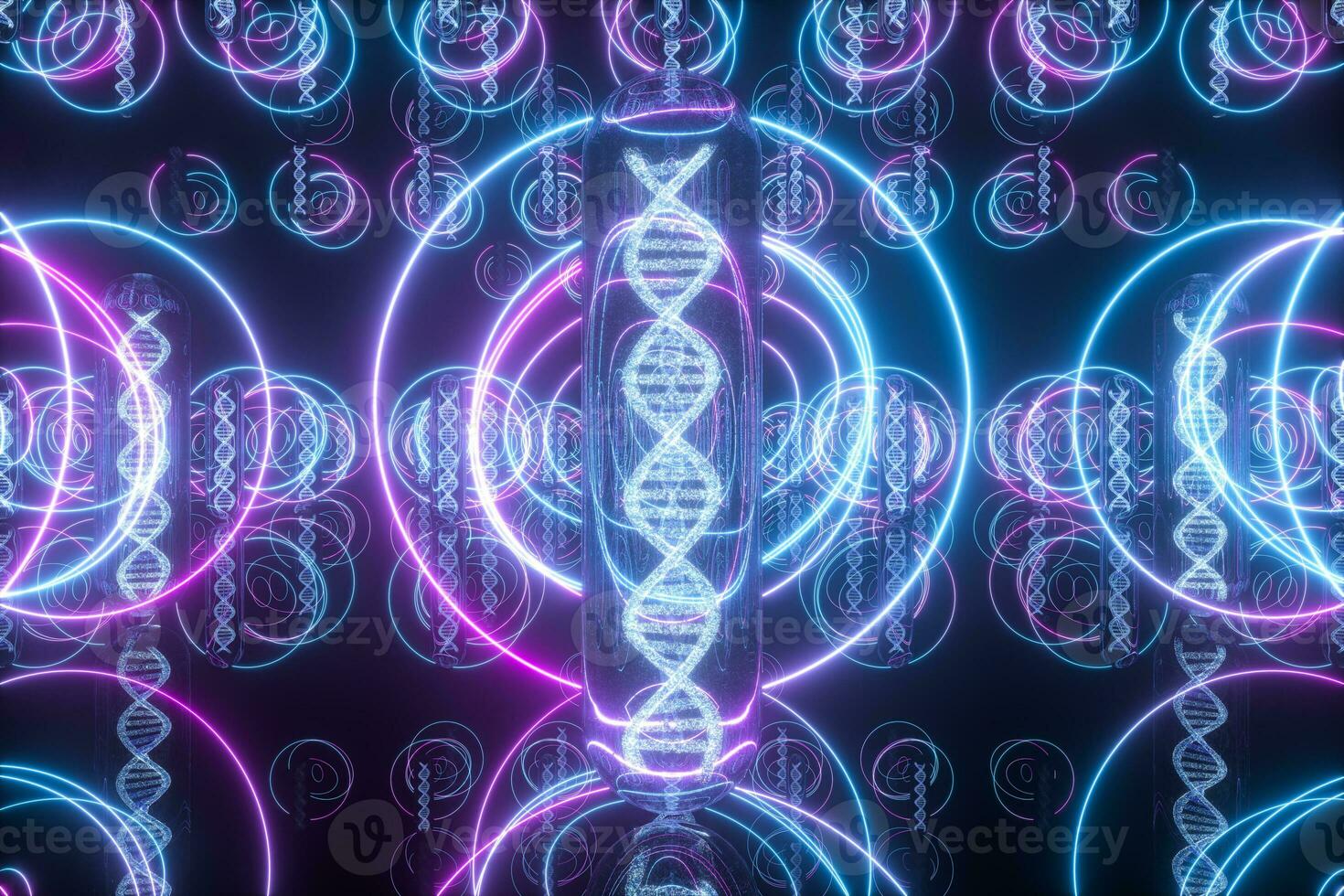 Test tube and chromosomes, DNA and genes,3d rendering. photo