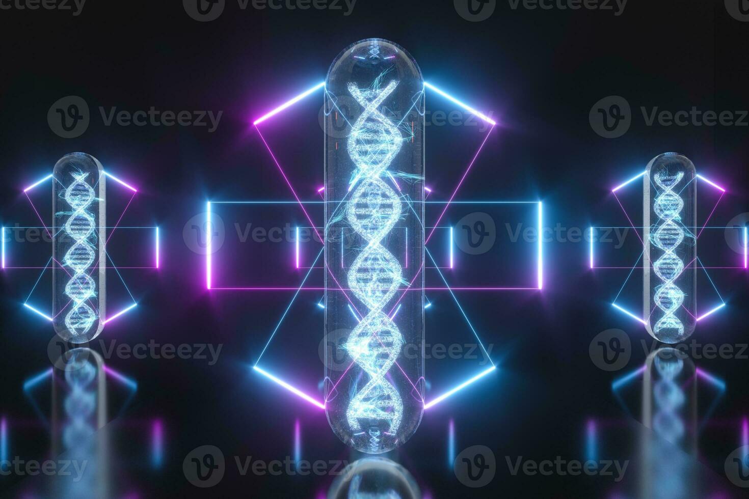 Test tube and chromosomes, DNA and genes,3d rendering. photo