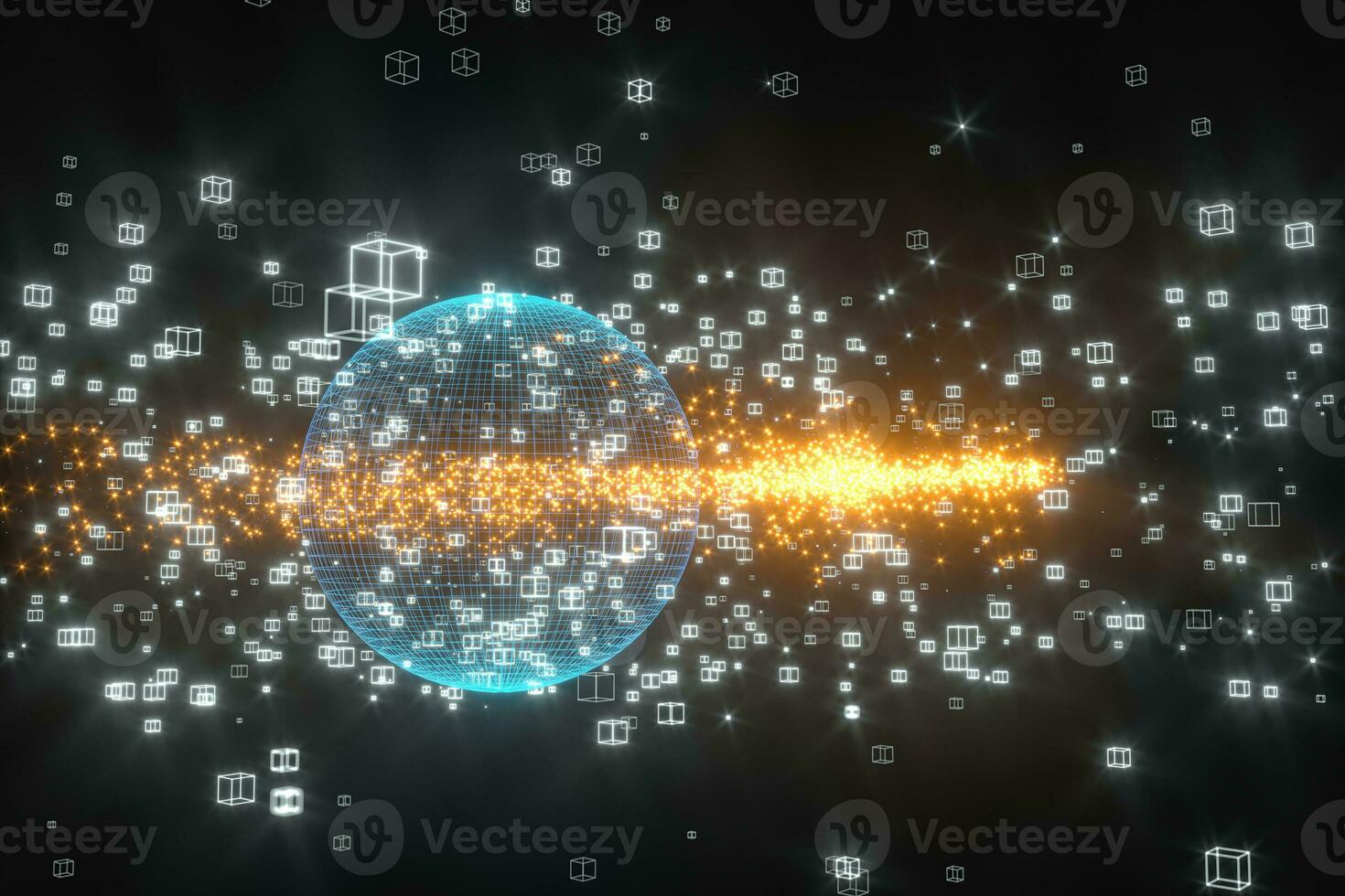 Data lines and earth model,glowing lines and cubes,3d rendering. photo