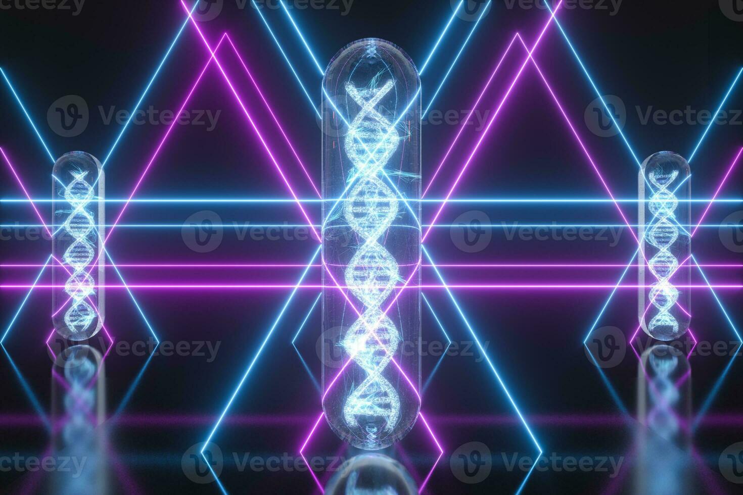 Test tube and chromosomes, DNA and genes,3d rendering. photo
