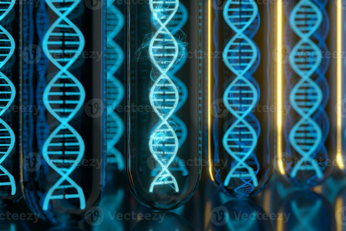 Test tube and chromosomes, DNA and genes,3d rendering. photo