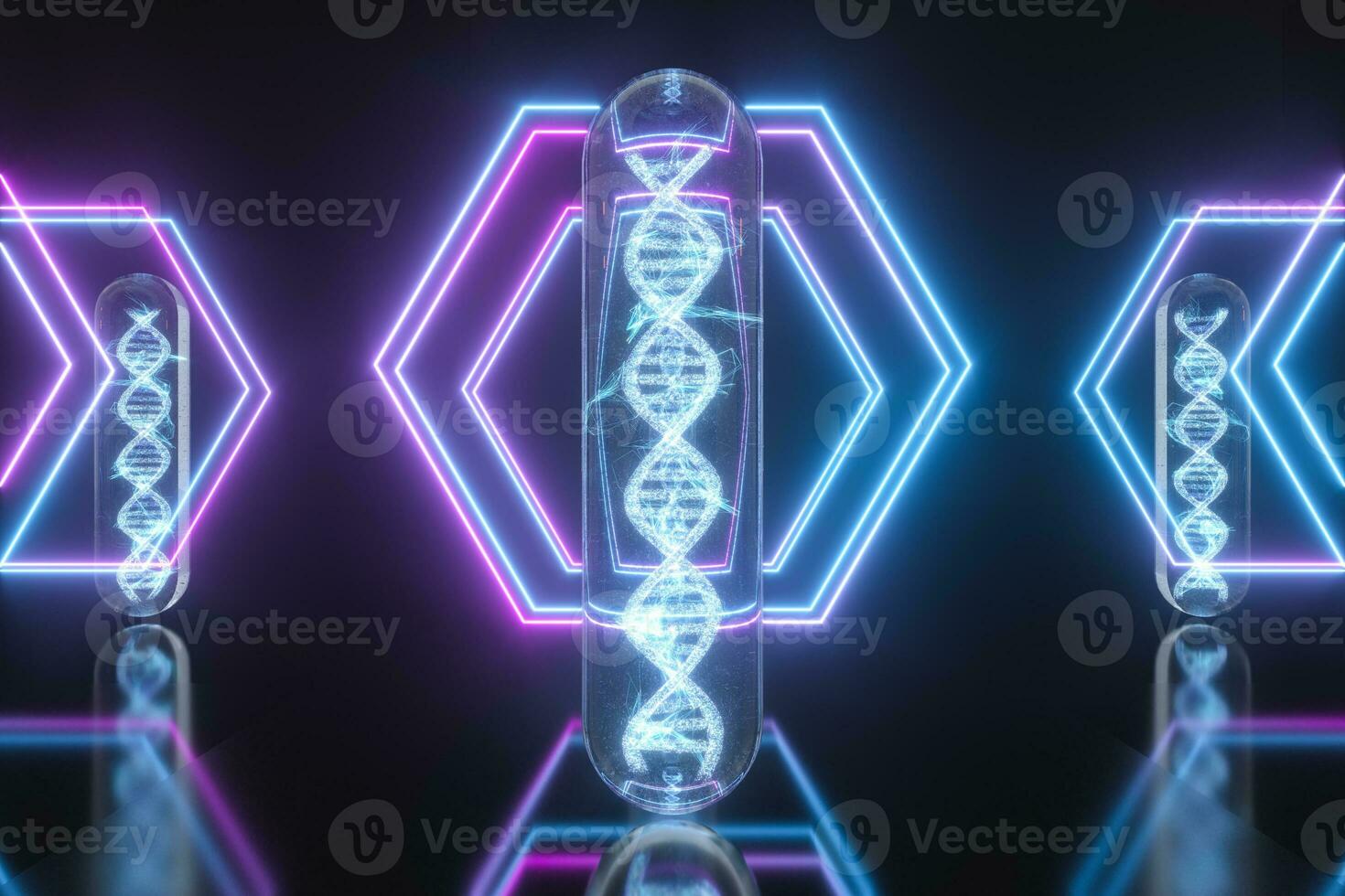 Test tube and chromosomes, DNA and genes,3d rendering. photo