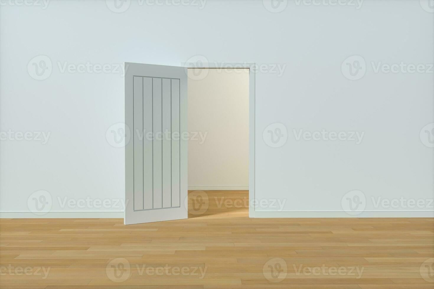 de madera puerta con blanco pared fondo, 3d representación. foto