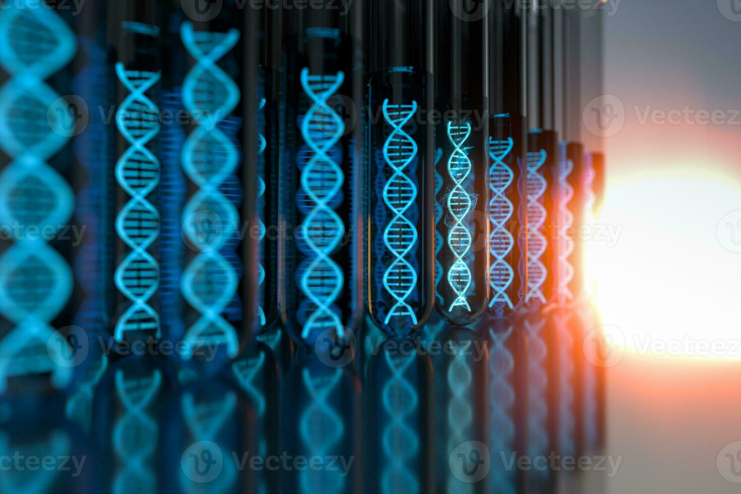 prueba tubo y cromosomas, adn y genes, 3d representación. foto