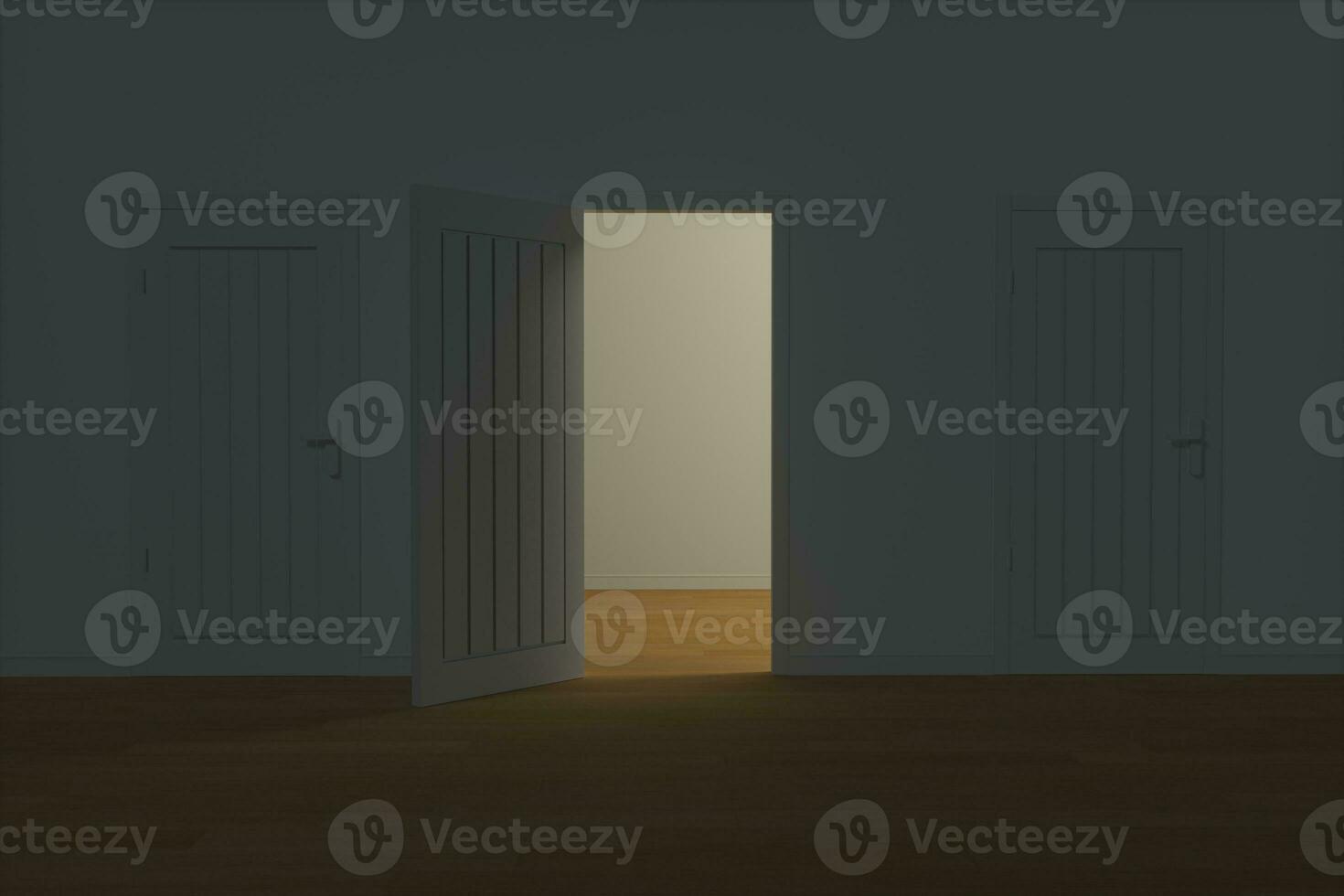 Wooden door with white night scene, 3d rendering. photo