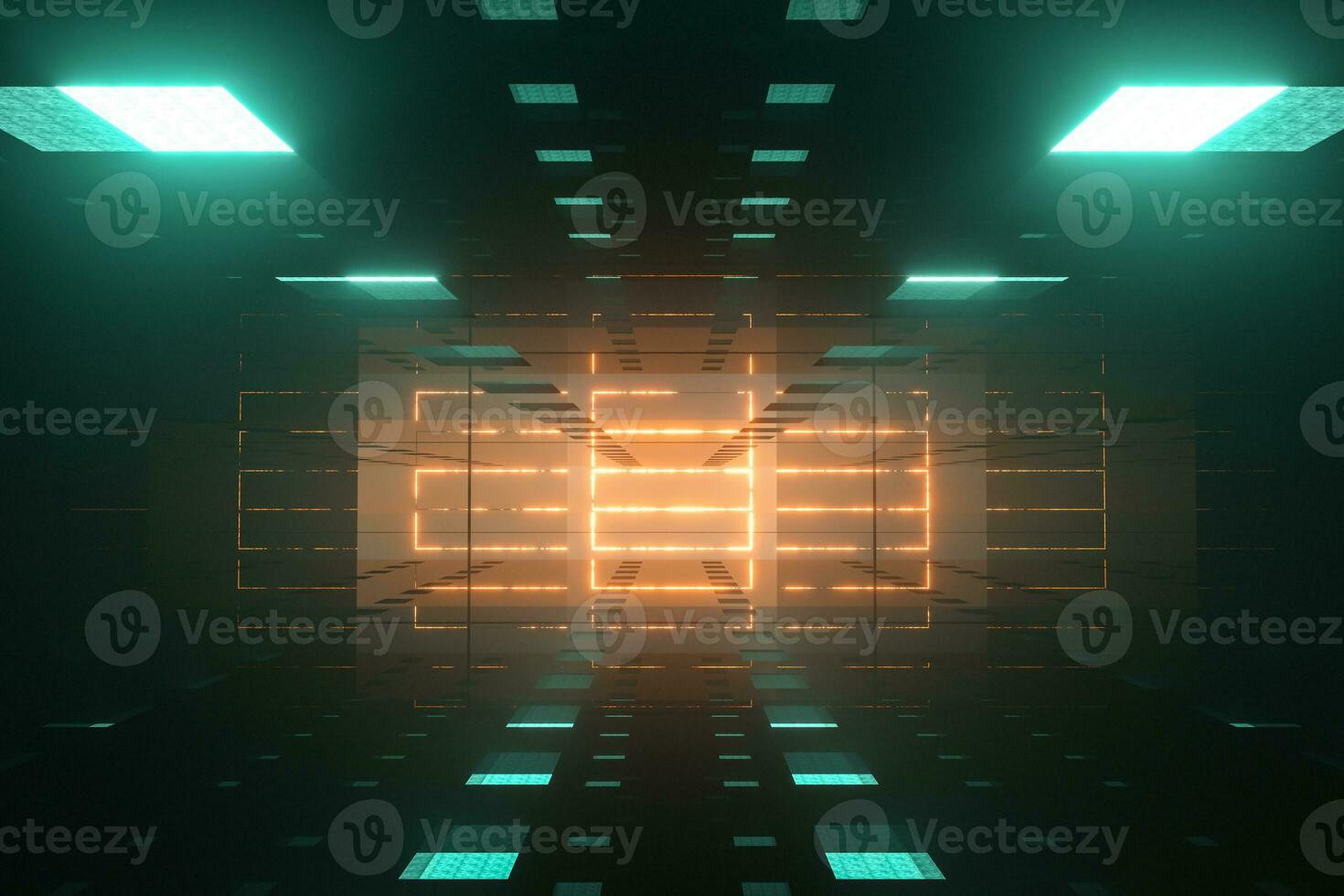 The dark glossy tunnel with glowing top light, fantasy scene, 3d rendering. photo