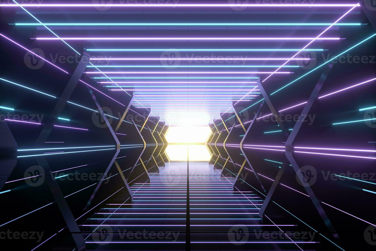 Dark spaceship tunnel with glowing lines, 3d rendering. photo
