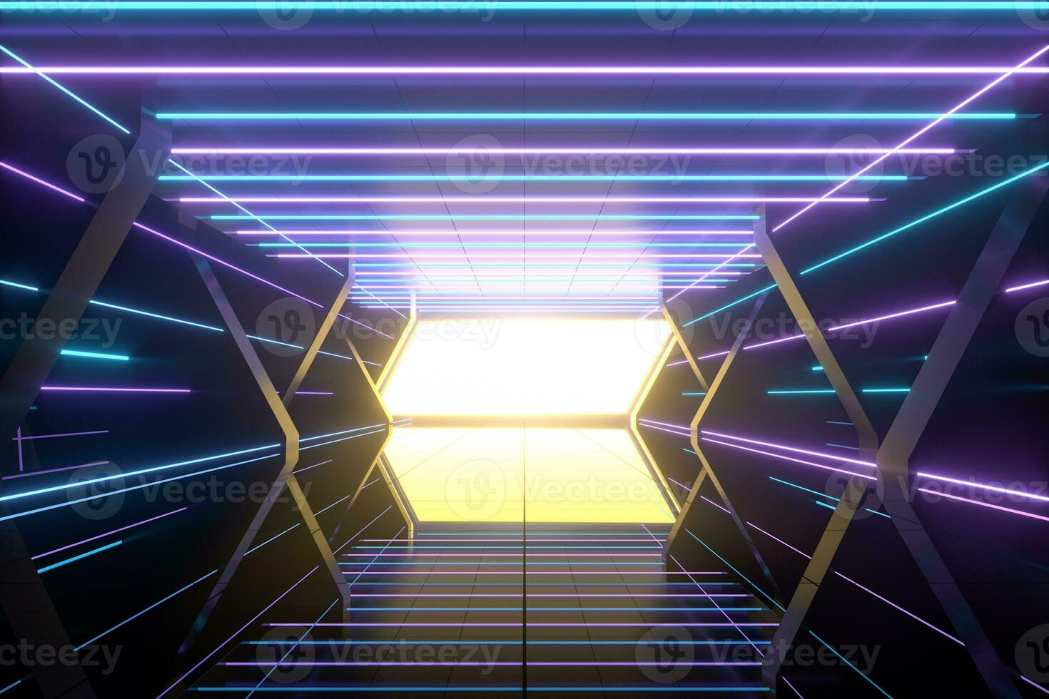 Dark spaceship tunnel with glowing lines, 3d rendering. photo