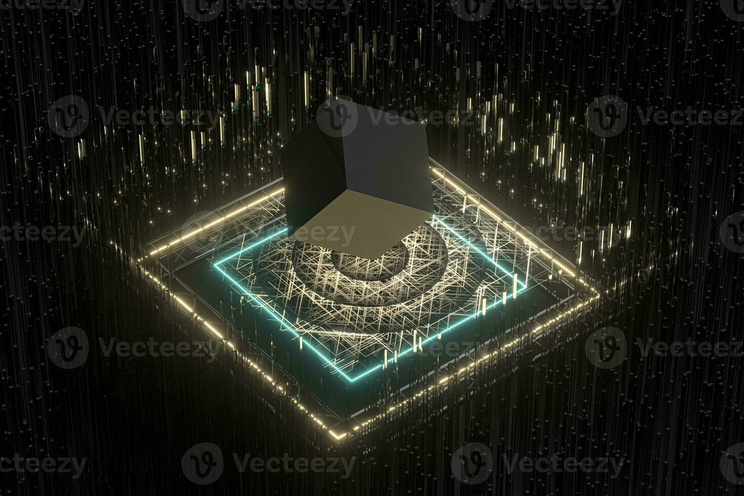 The cube floats above the glowing cubes, 3d rendering. photo