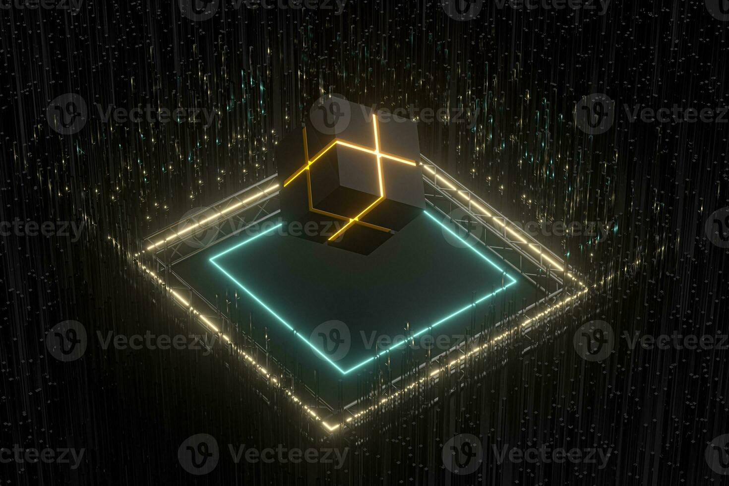 The cube floats above the glowing cubes, 3d rendering. photo