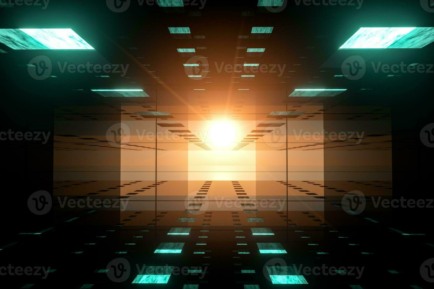The dark glossy tunnel with glowing top light, fantasy scene, 3d rendering. photo