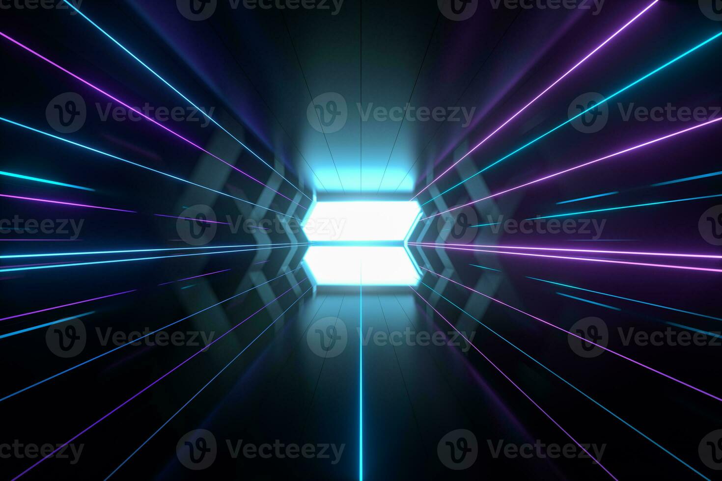 Dark spaceship tunnel with glowing lines, 3d rendering. photo