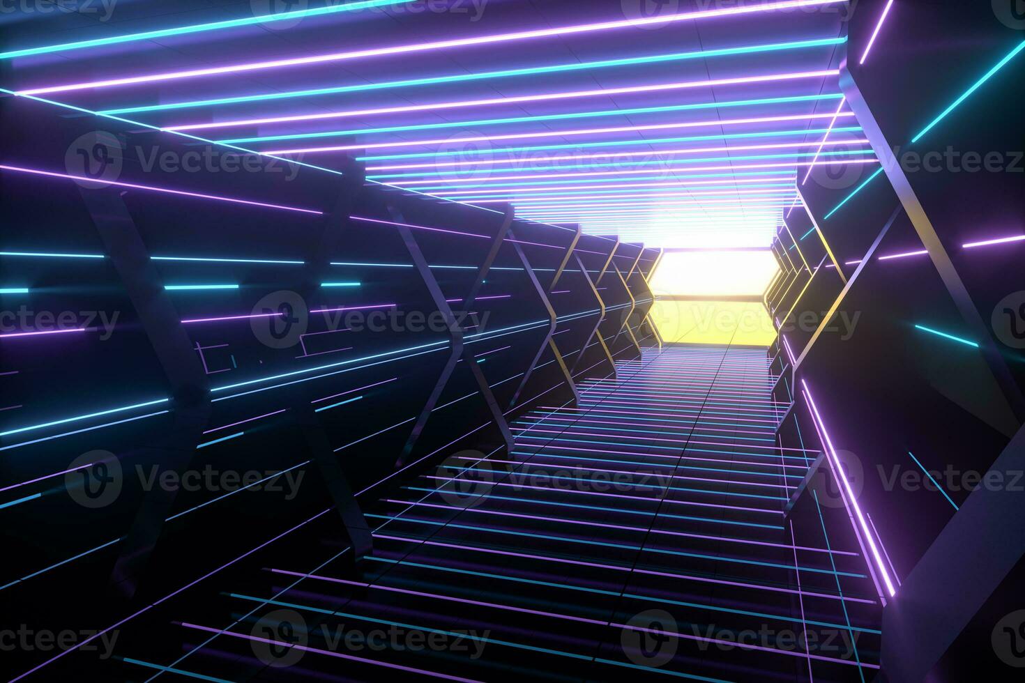 Dark spaceship tunnel with glowing lines, 3d rendering. photo