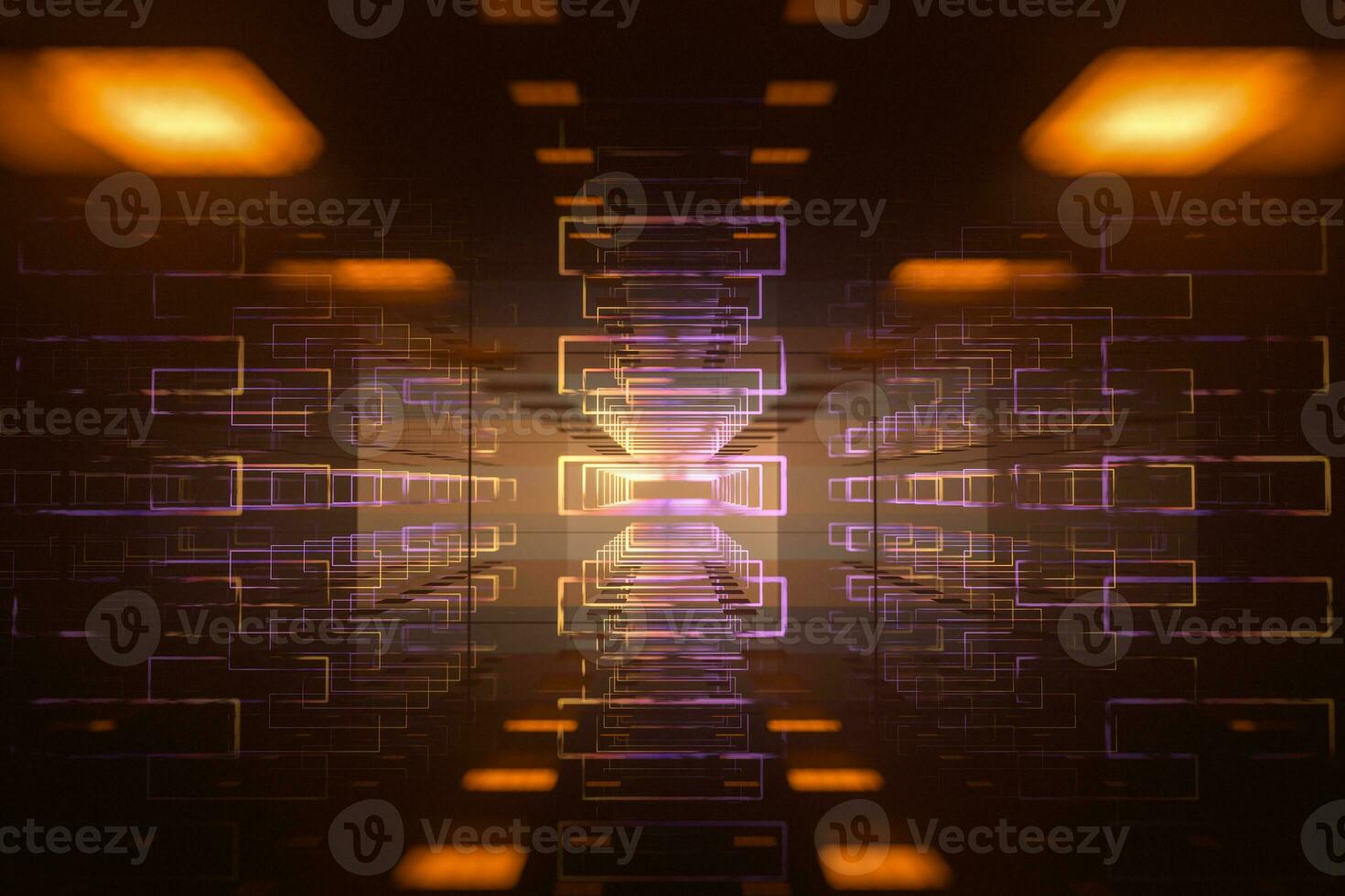 The dark glossy tunnel with glowing top light, fantasy scene, 3d rendering. photo