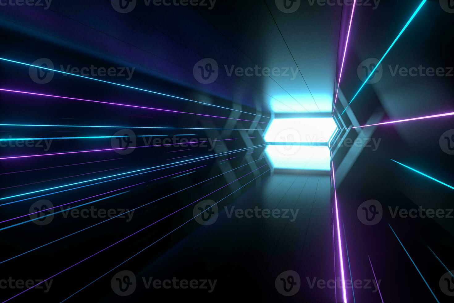 Dark spaceship tunnel with glowing lines, 3d rendering. photo
