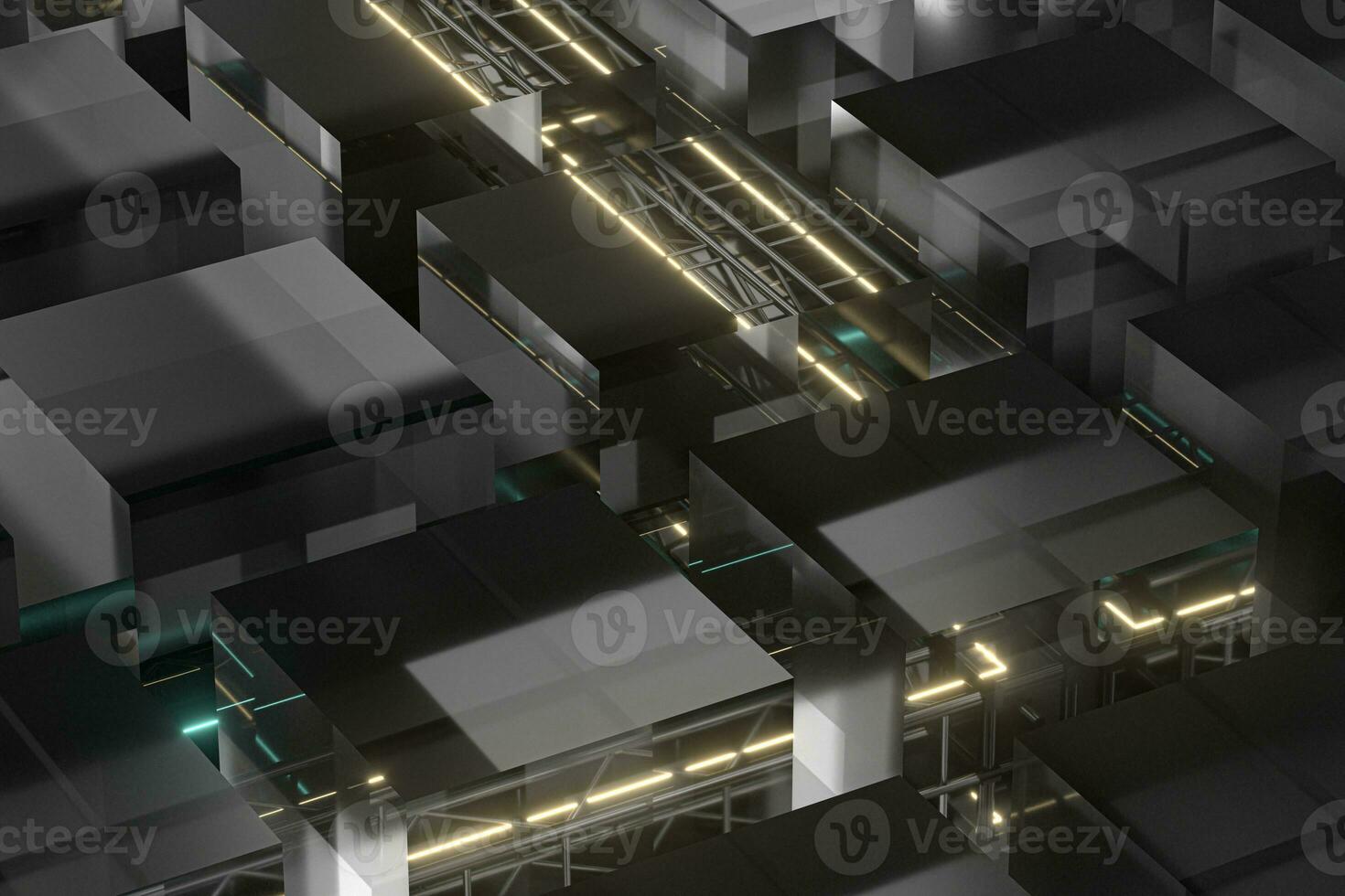 Steel frame and glowing cubes, 3d rendering. photo