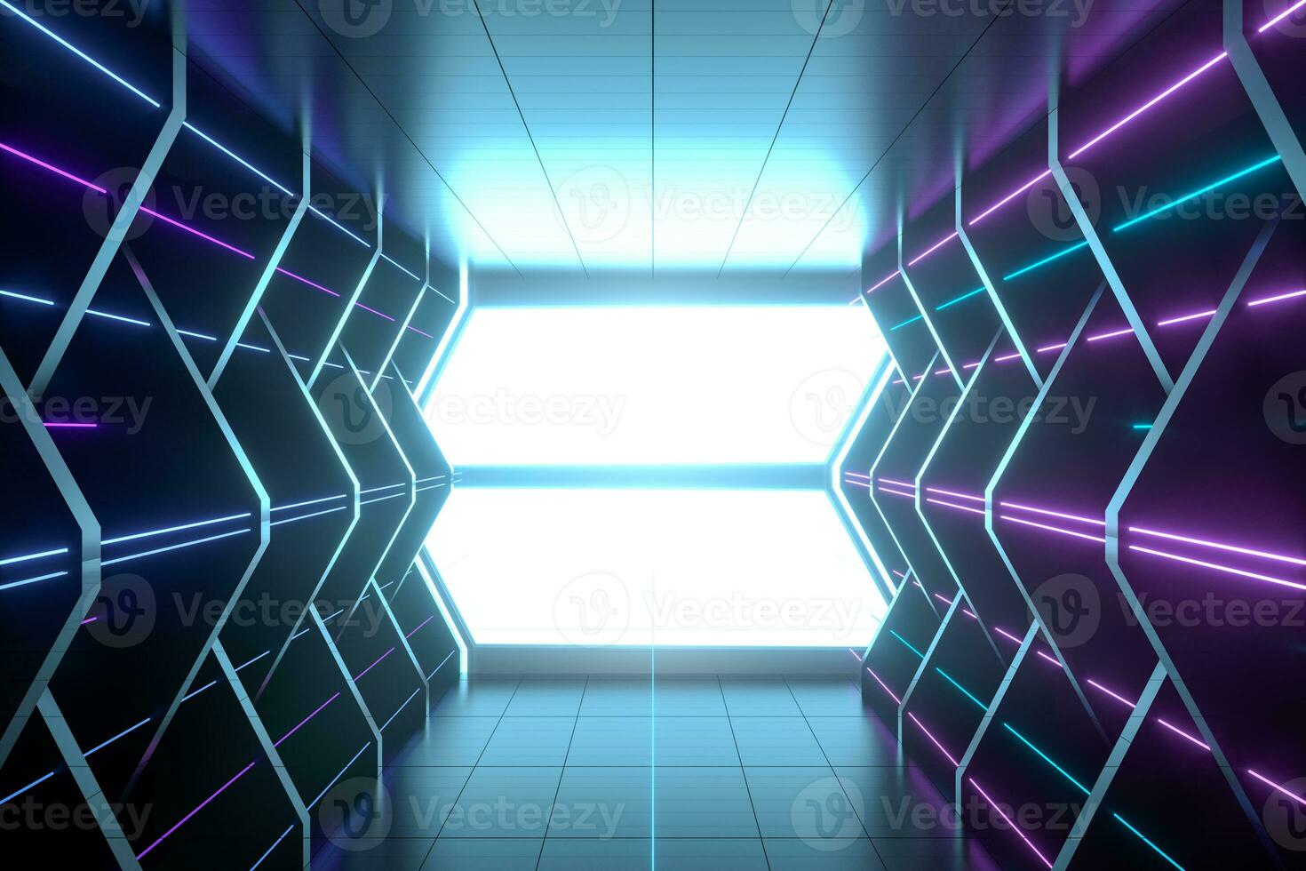 Dark spaceship tunnel with glowing lines, 3d rendering. photo