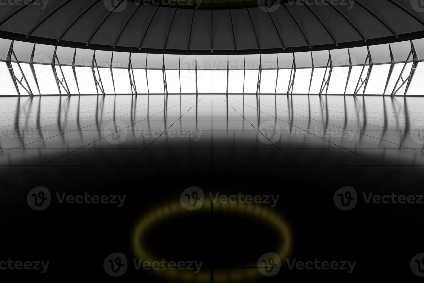 Dark round room with reflective floor, 3d rendering. photo
