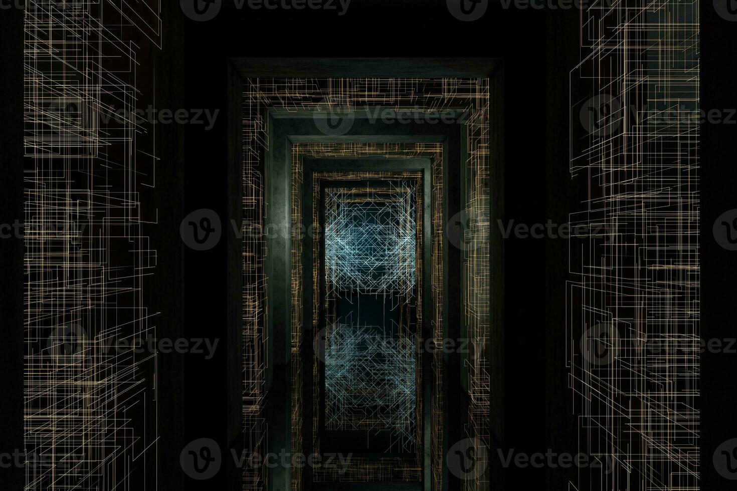 Dark tunnel with golden circuit lines, 3d rendering. photo