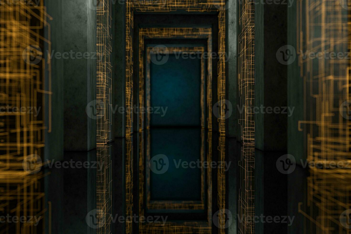 Dark tunnel with golden circuit lines, 3d rendering. photo