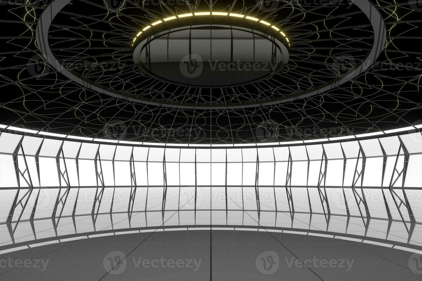 Dark round room with reflective floor, 3d rendering. photo