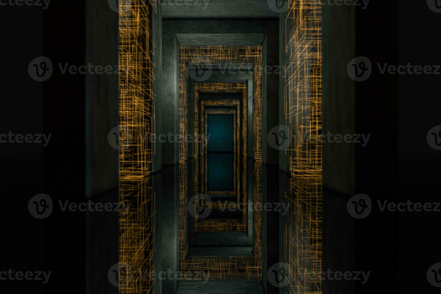 Dark tunnel with golden circuit lines, 3d rendering. photo