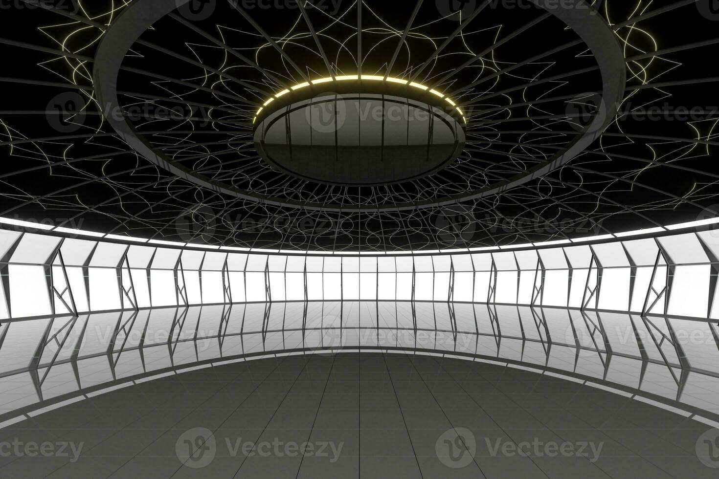 Dark round room with reflective floor, 3d rendering. photo