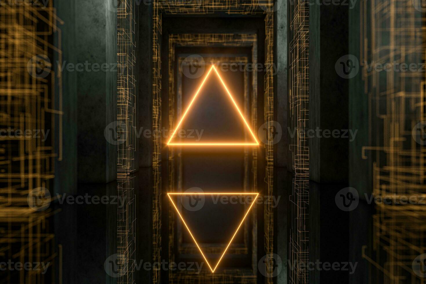 Glowing geometry lines in the dark tunnel, 3d rendering. photo