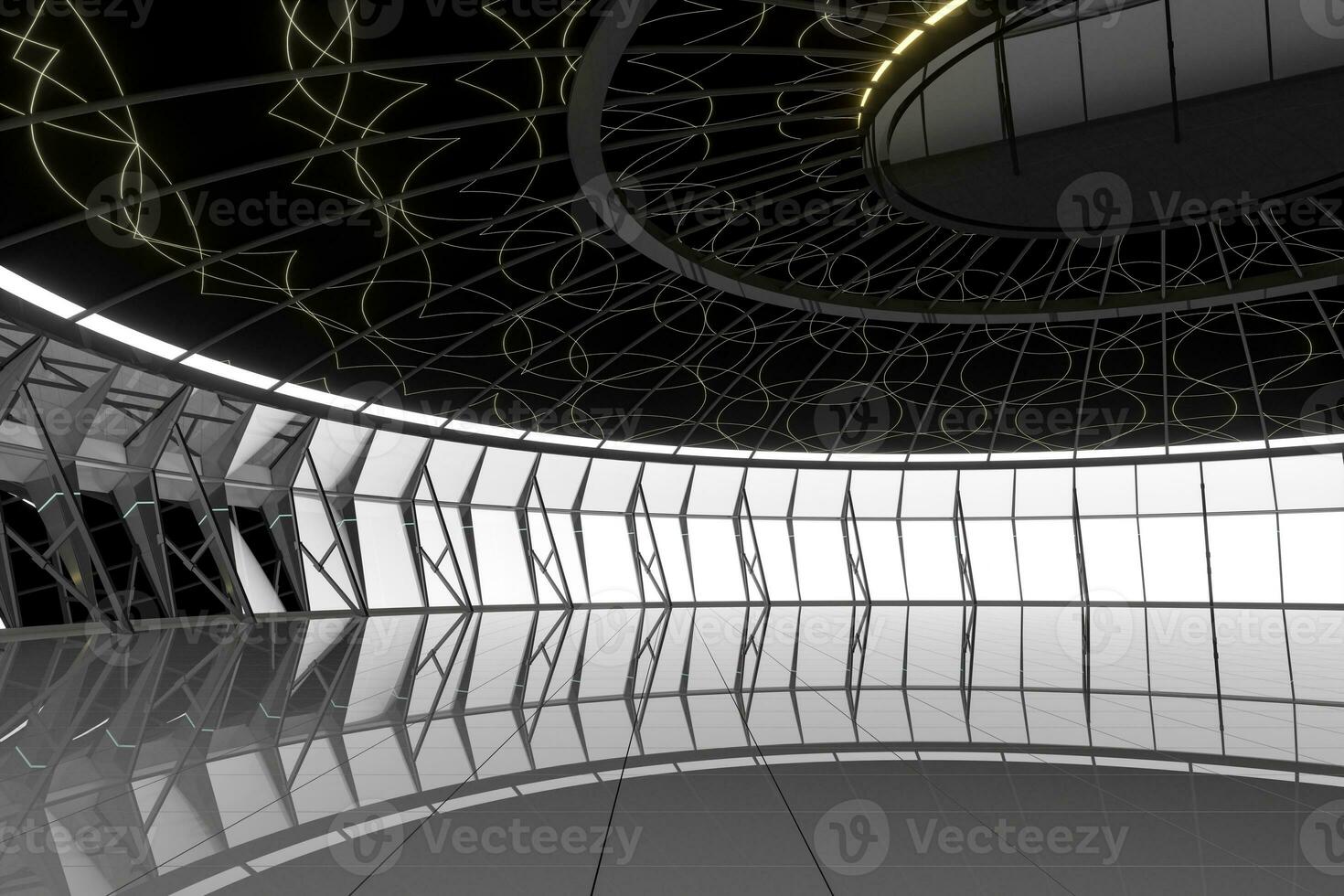 Dark round room with reflective floor, 3d rendering. photo