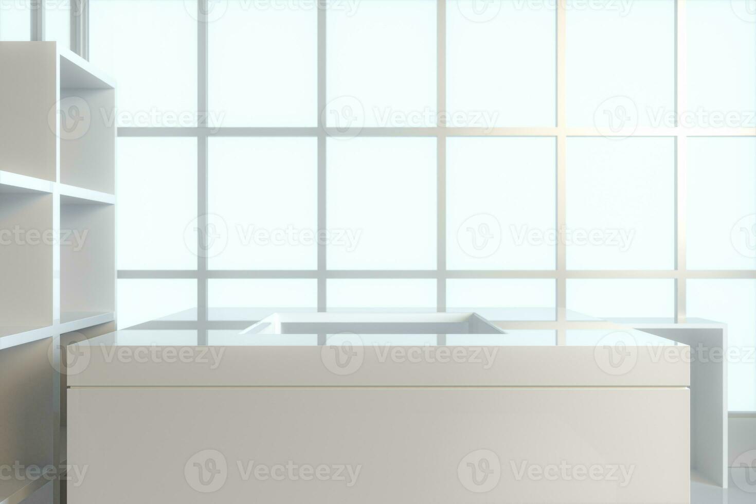 Glass squares and empty room with white background,3d rendering. photo