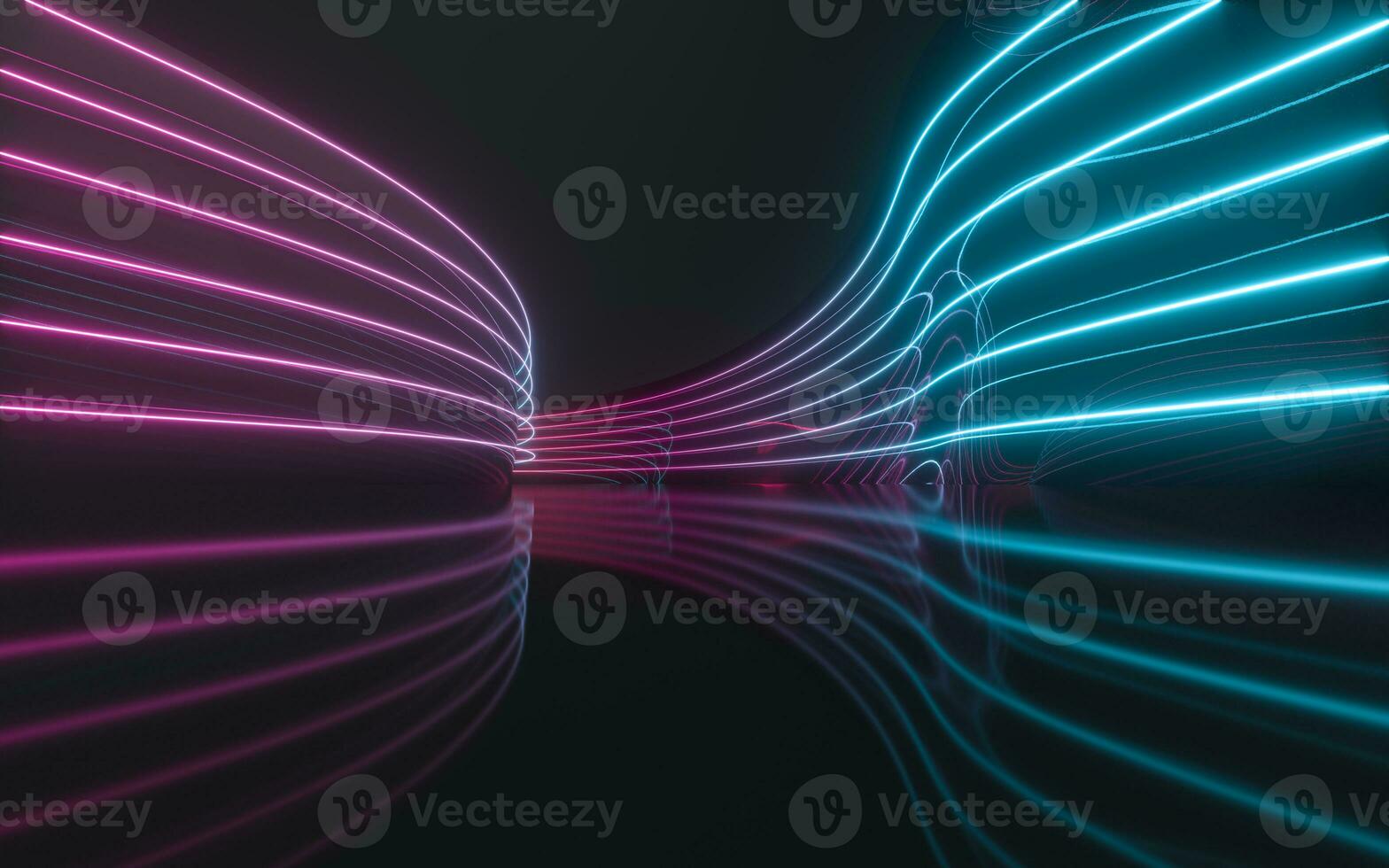 Curve wall with glowing neon lines, 3d rendering. photo