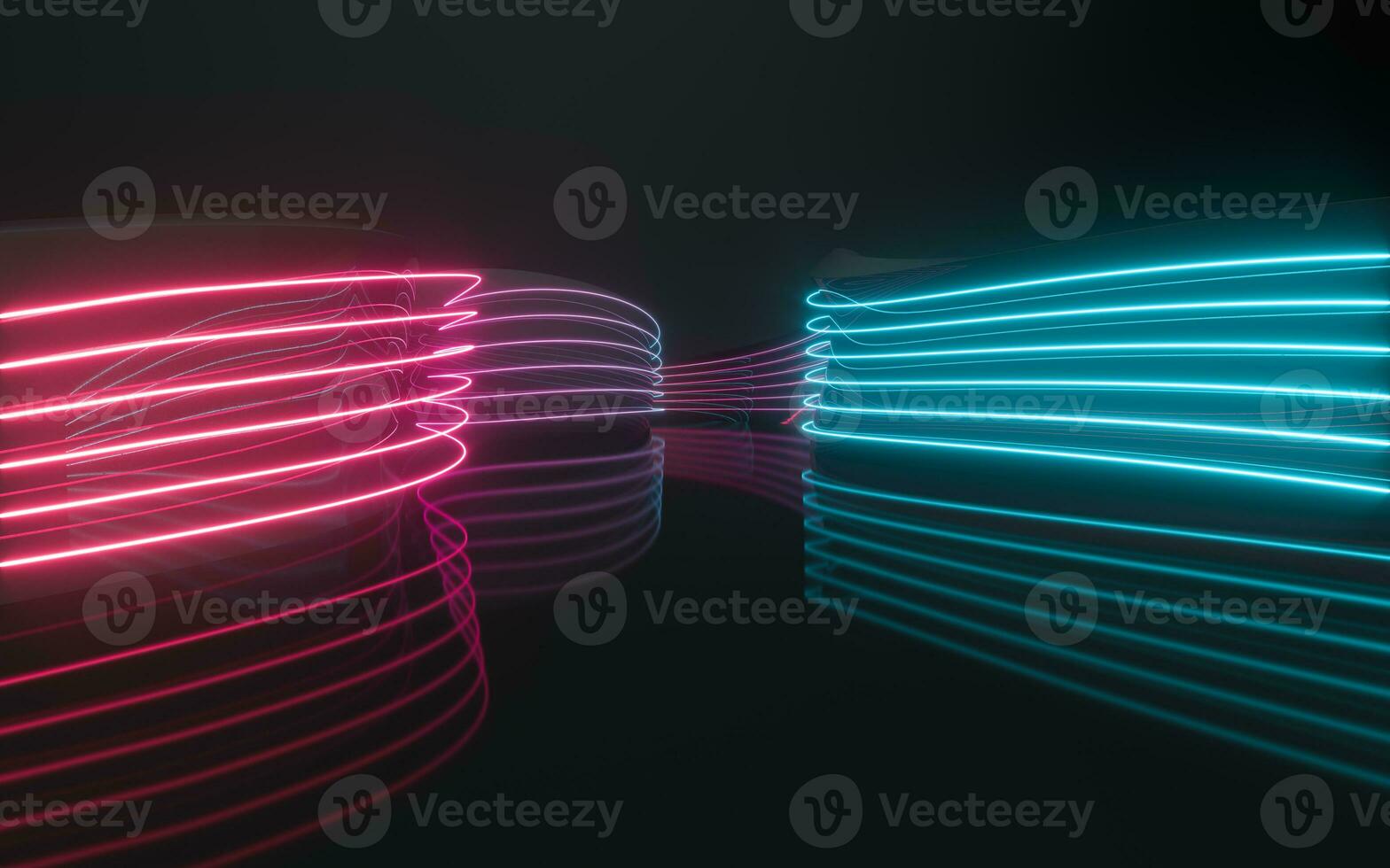 Curve wall with glowing neon lines, 3d rendering. photo