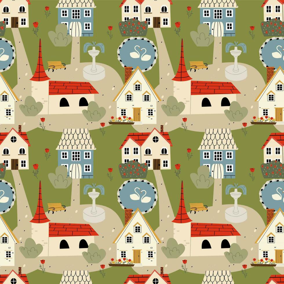 Old city seamless pattern. Small town endless ornament. Colorful house vector background.