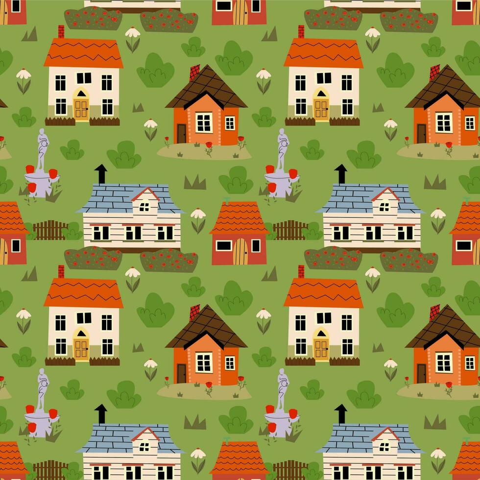 Country  rustic houses seamless pattern. Vector bright village background.