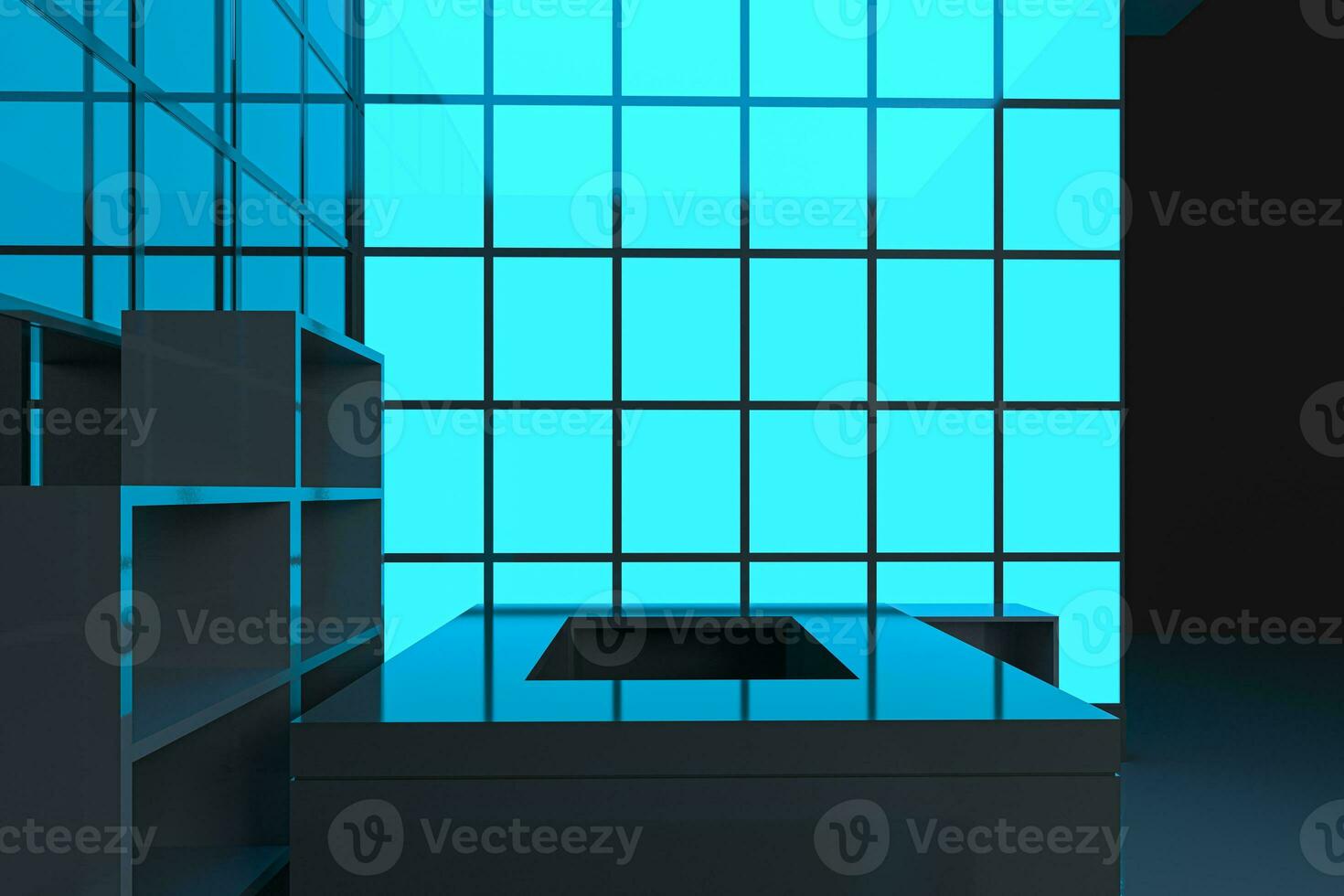 Neon and glass squares with dark background,3d rendering. photo