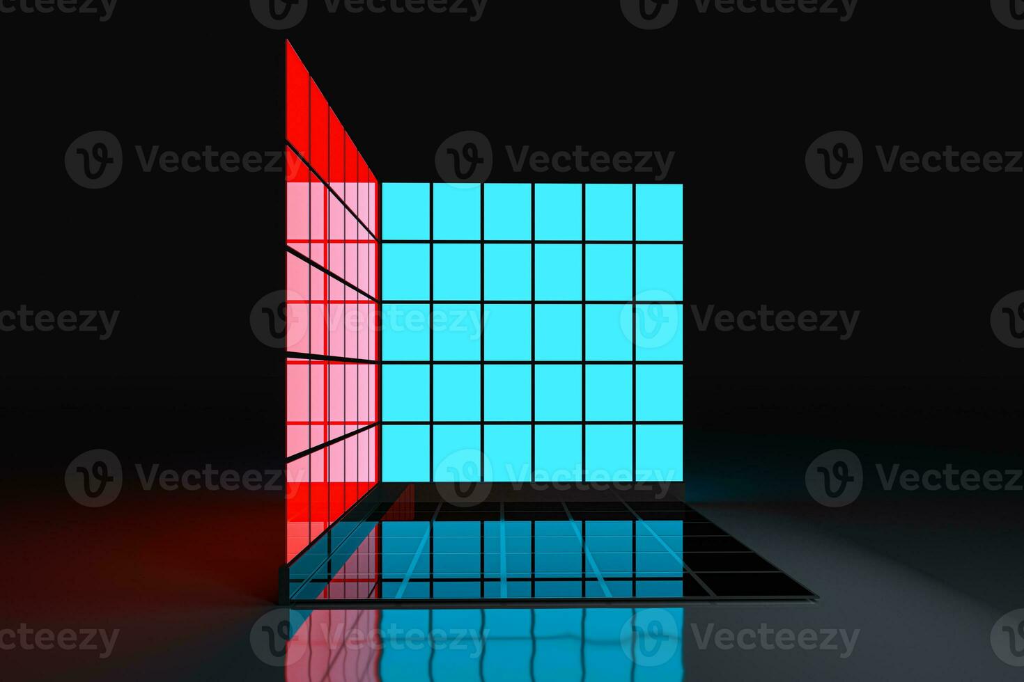 Neon and glass squares with dark background,3d rendering. photo
