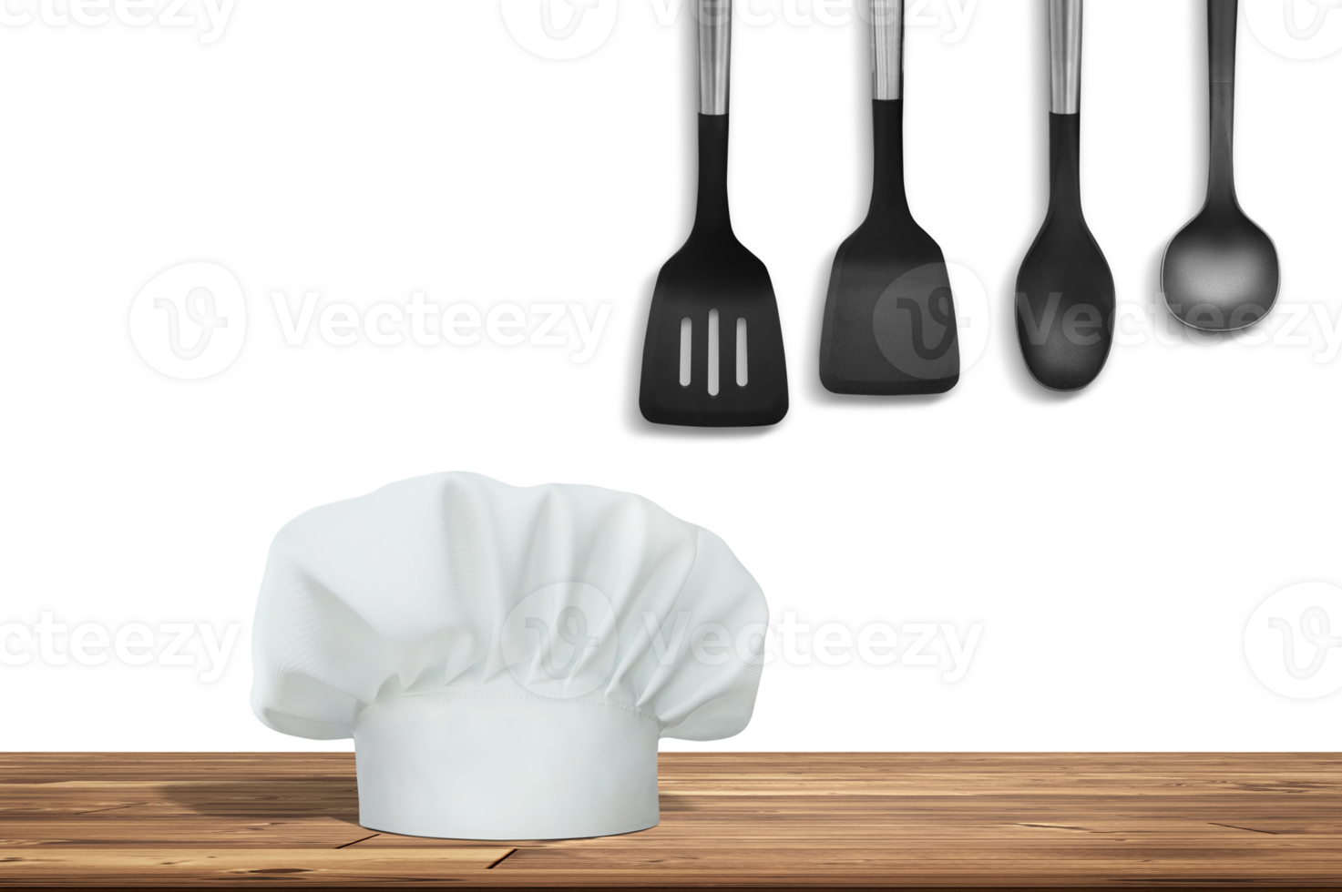 Wooden table with empty space and cooking hat and cooking utensils PNG transparent