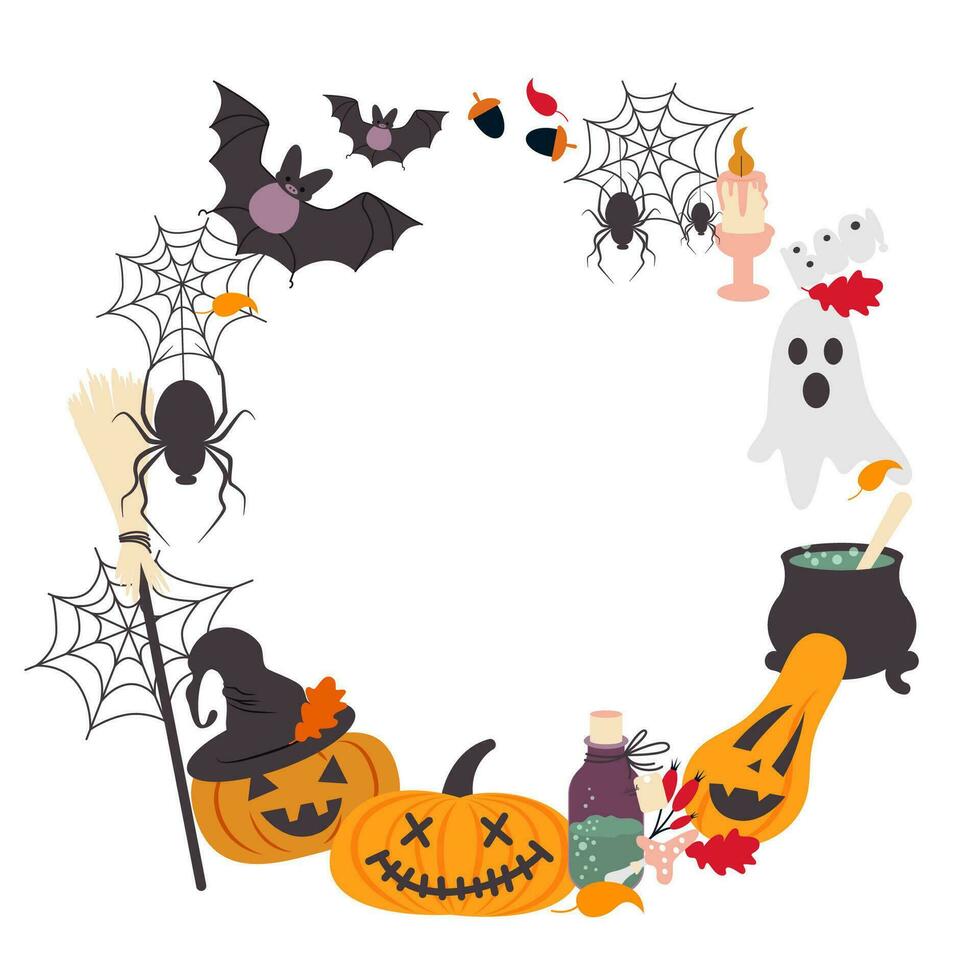 Vector Halloween holiday flat cartoon wreath with witch hat, broom, cauldron, Jack latern or pumpkin, web and spider, ghost, boo, candle, poison, mushroom and bat, isolated on a white background.