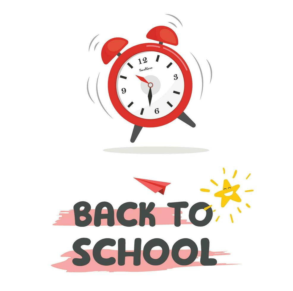 Alarm clock and Back to school text vector. Alarm clock clip art. Education concept. School background, Back to School lettering. design element. Flat vector in cartoon style