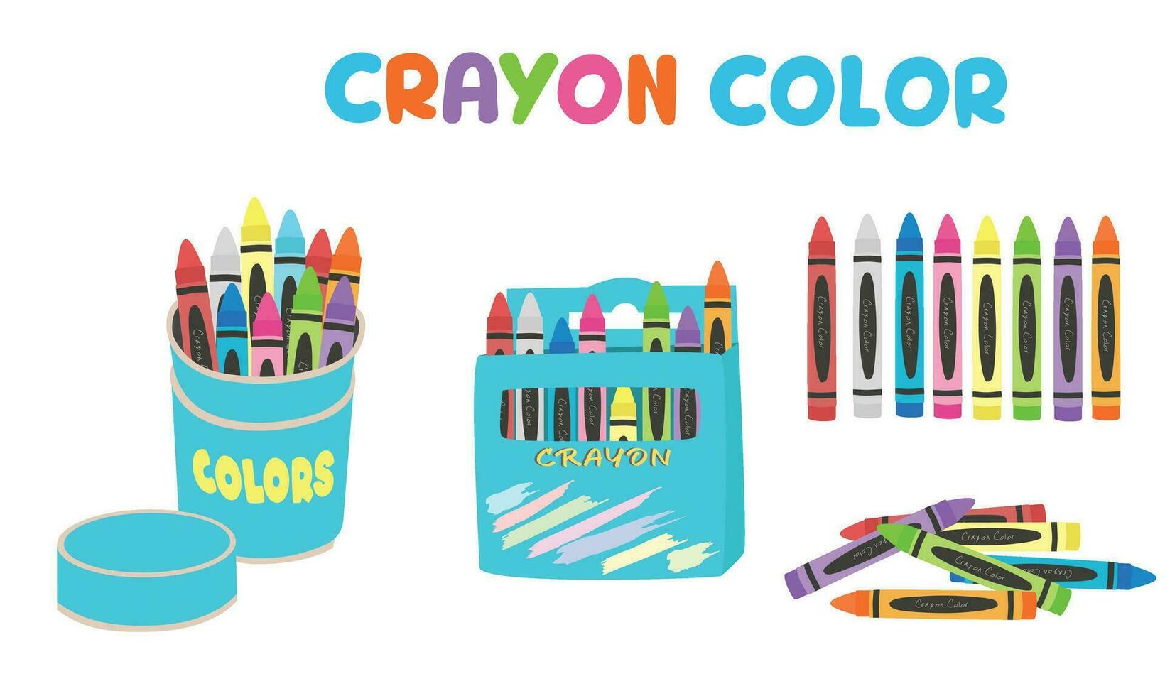 Crayon vector set or wax pastel vector set. Back to school concept. School supplies vector. Stationery. Crayon box. Learning and education concept. Flat vector isolated on white background.
