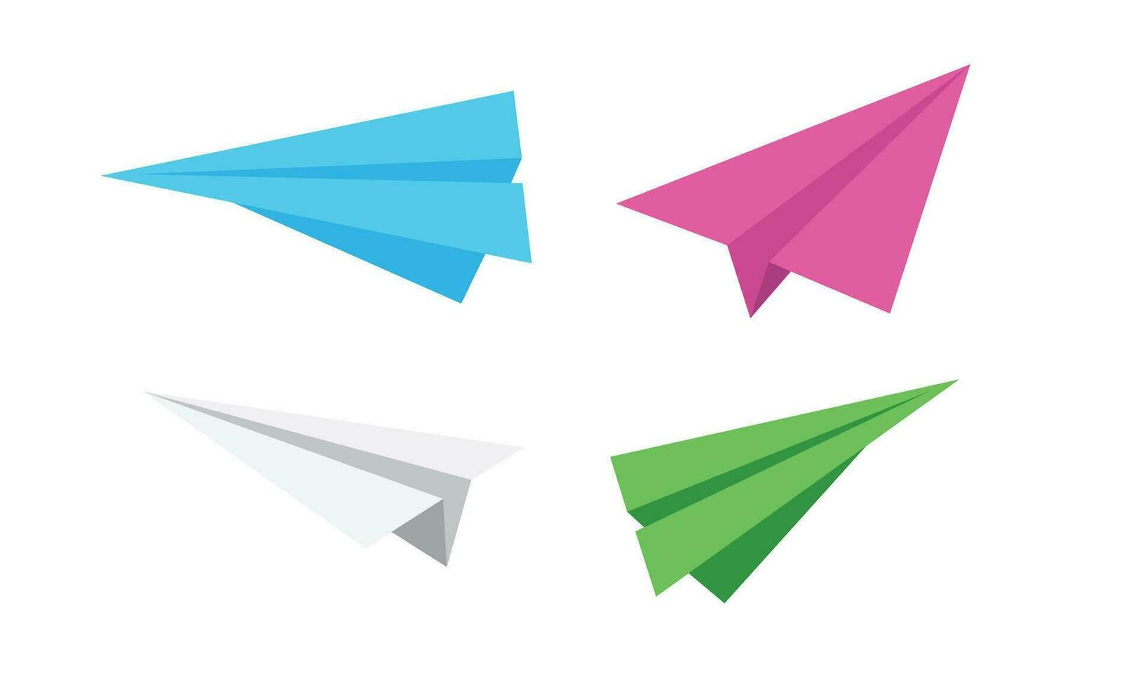 Paper plane vector illustration set in blue, pink, white, green. Handmade origami plane. Flat vector in cartoon style isolated.