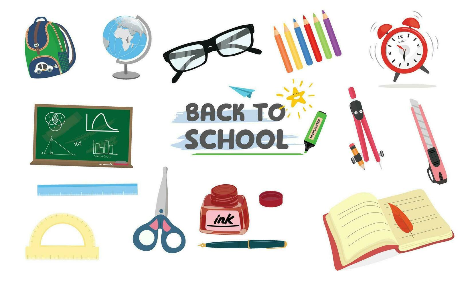 School supplies vector set. Back to school concept. Stationery supplies. Education theme. Flat vector in cartoon style. Globe, school bag, clock, color box, high light pen, book, blackboard, glasses